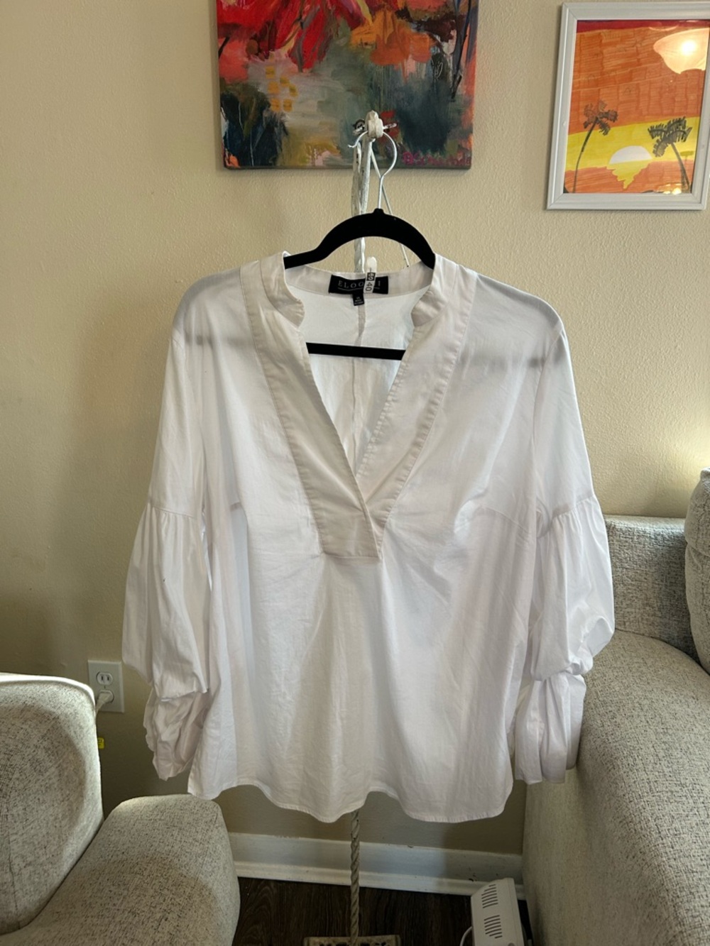 ELOQUII White V-Neck Peasant Blouse Puff Sleeve Size 14